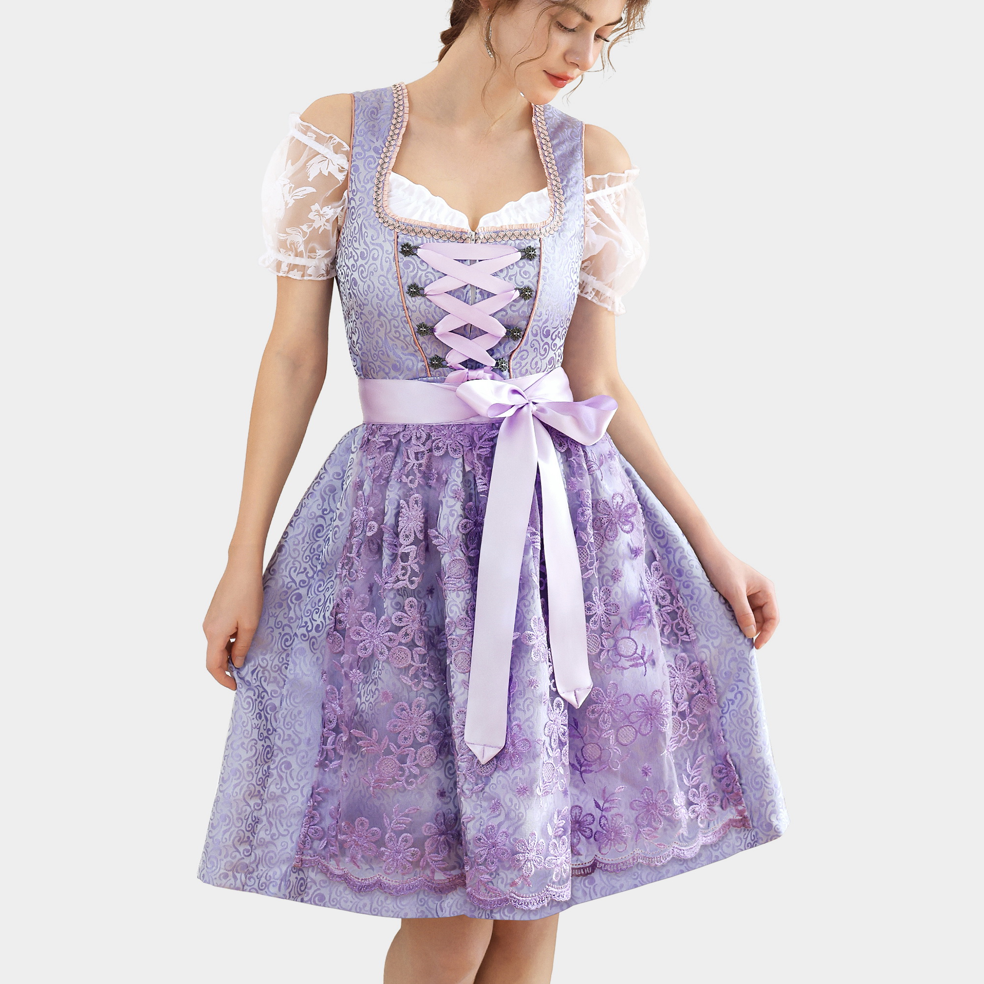 Purple Dirndl with lace blouse and ribbon apron